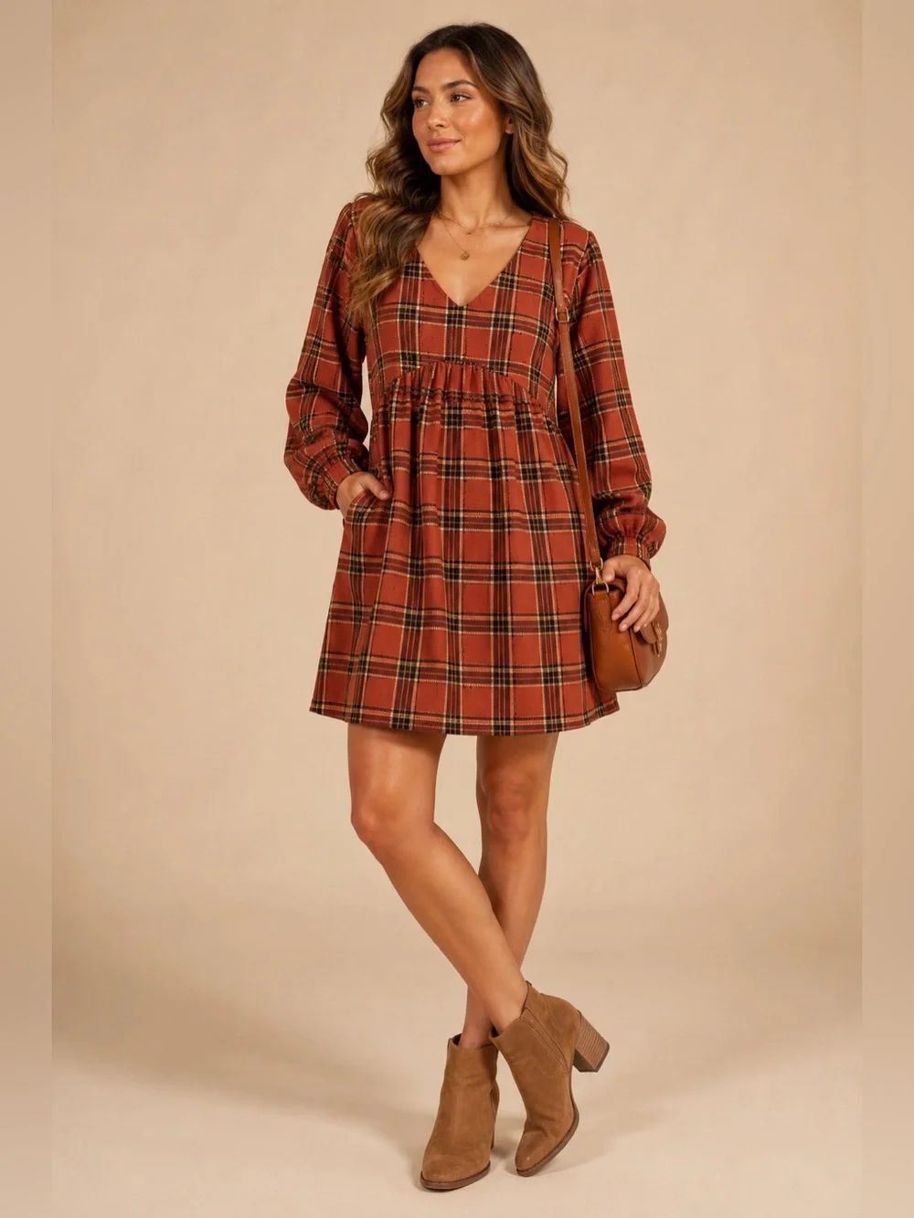 Knox Rose Burnt Orange Plaid Babydoll Dress Large Long Sleeve V-Neck Fall Cottag